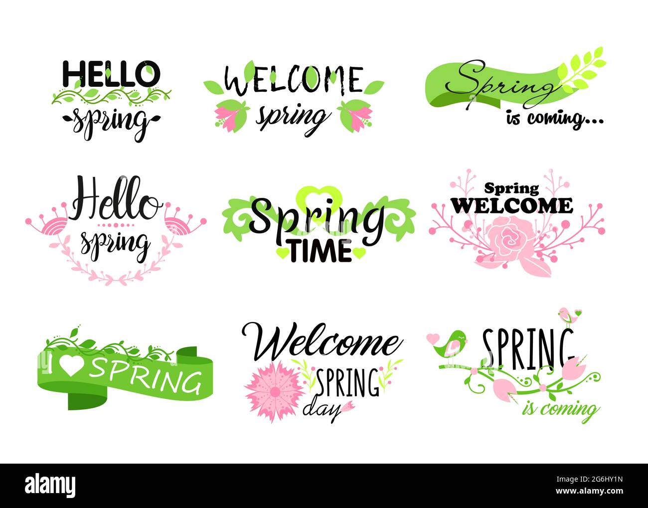 Vektor-Illustration Satz von Hallo Frühling Schriftzug Typografie. Kalligraphie Postkarten Elemente, Blumen, Blätter, Frühlingskonzepte. Stock Vektor
