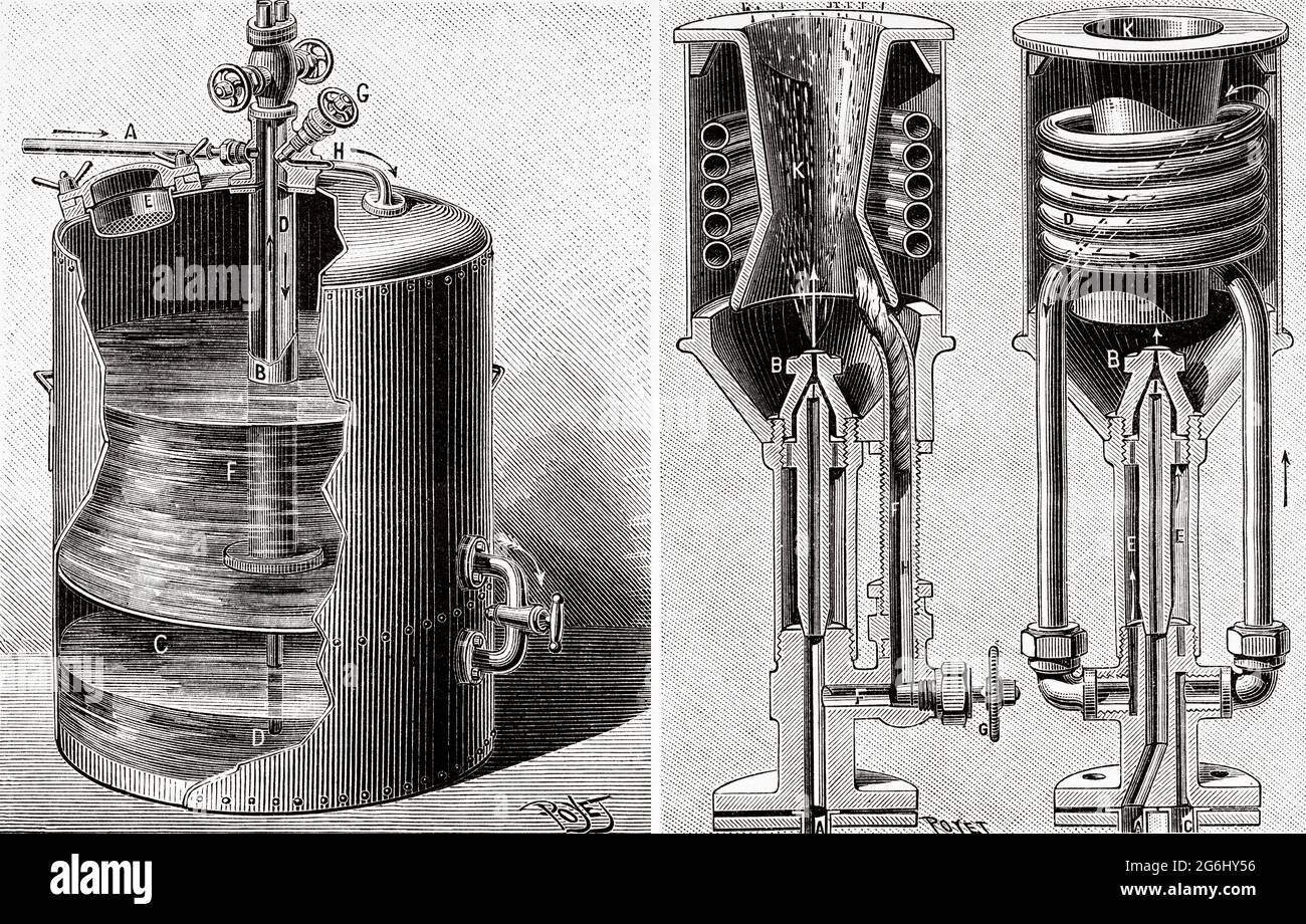 Öltank. Brennerdetails. Alte, gravierte Illustration aus dem 19. Jahrhundert von La Nature 1888 Stockfoto