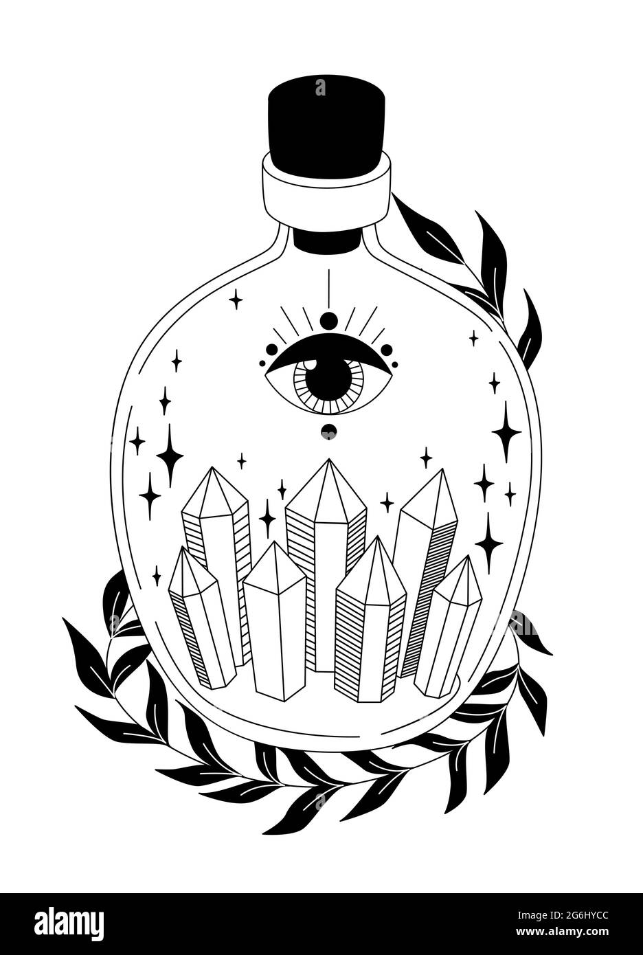 Magische Flasche. Hexerei. Fläschchen mit Kristallen, Blättern, Sternen. Gothic-Style. Vektor-Schwarz-Weiß-Illustration. Esoterisches Symbol. Stock Vektor