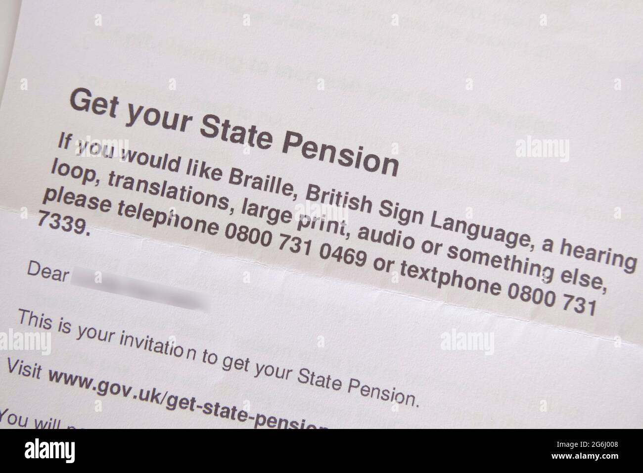 Einladung der britischen Regierung zur Beantragung einer staatlichen Pension Stockfoto