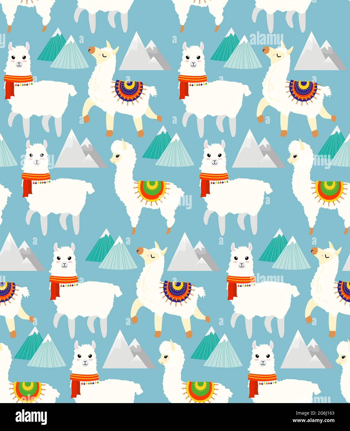 Vektor-Illustration Nahtloses Muster mit Lamas, Alpakas, Bergen und handgezeichneten Elementen, kindliche Textur für Textil im flachen Cartoon-Stil. Stock Vektor