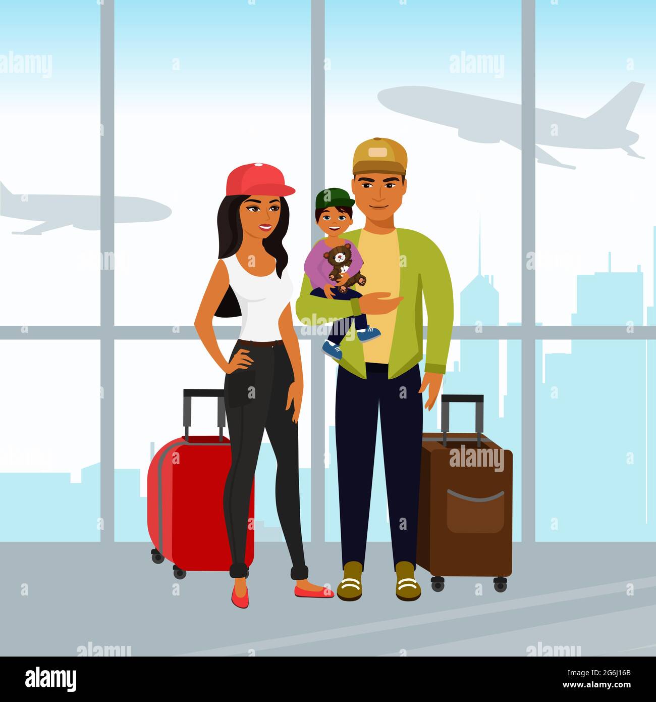 Vektor-Illustration von glücklicher Familie, die zusammen reist. Vater, Mutter und Sohn mit Gepäck am Flughafen in einem flachen Cartoon-Stil. Stock Vektor