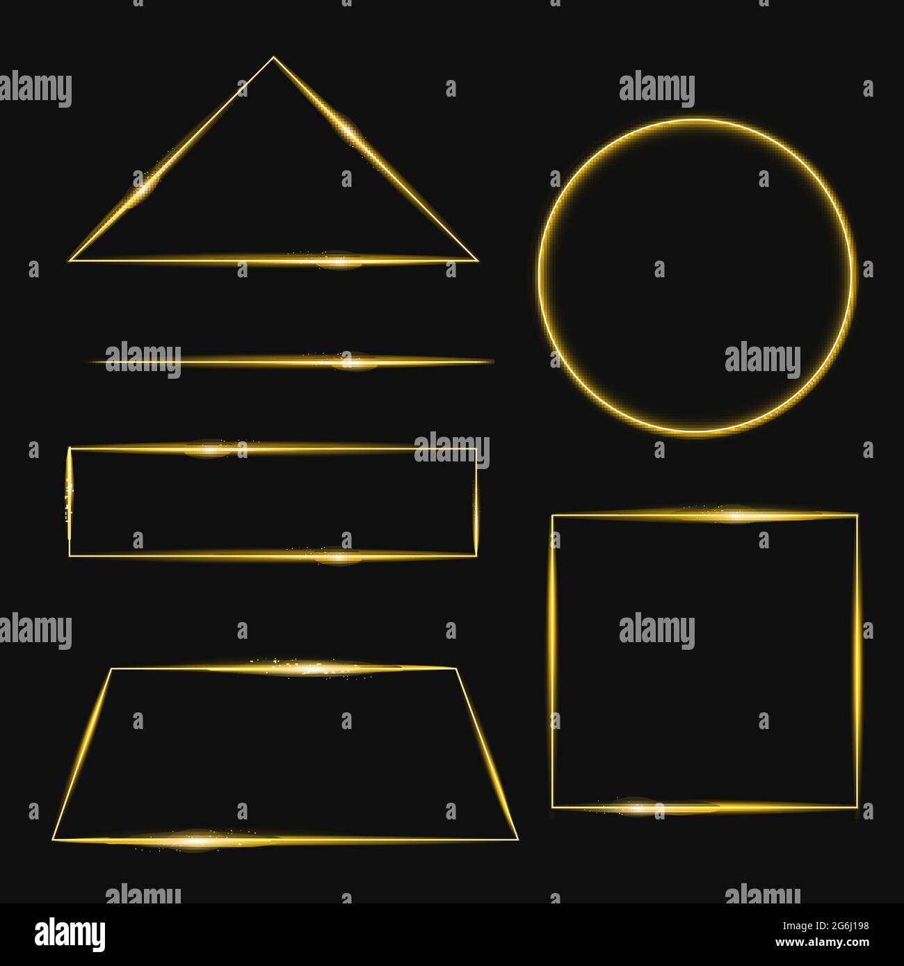 Vektor-Illustration Satz von goldenen Rahmen mit Lichteffekten in verschiedenen Formen. Glänzendes rechteckiges Banner. Isoliert auf schwarzem Hintergrund. Stock Vektor