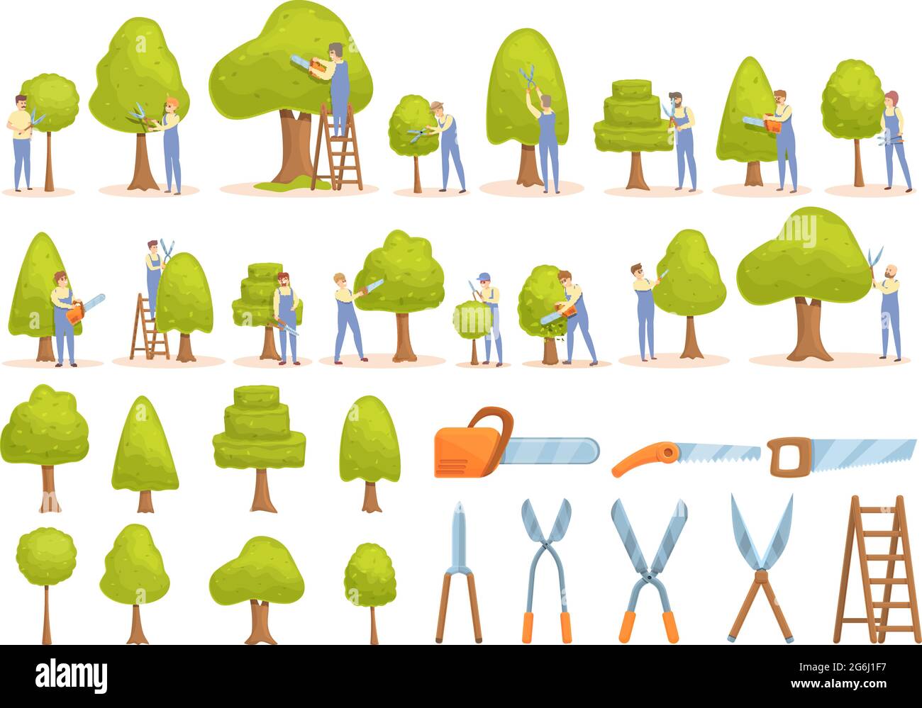 Symbole zum Trimmen von Bäumen stellen Cartoon-Vektor ein. Baumketensäge. Baumbeschnitt Stock Vektor