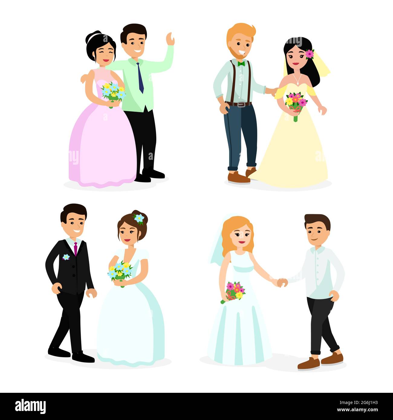 Vektor-Illustration Set von glücklich niedlichen Brautpaar Braut und Bräutigam isoliert auf weißem Hintergrund in Cartoon-flachen Stil. Stock Vektor