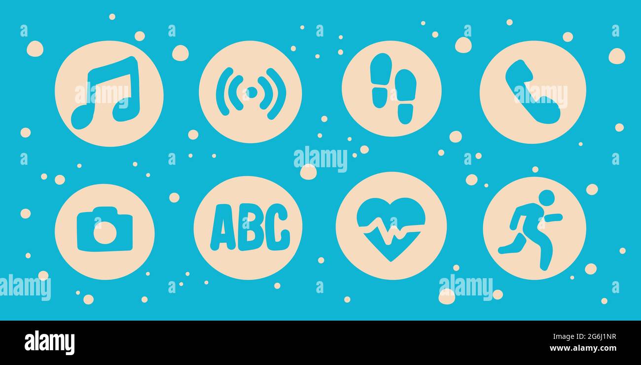 Handgezeichnete Symbole von Smartwatches. Vektor-Satz von flachen Bildern. Musik, Schrittzähler, Kamera, Herzfrequenz, Telefon. Stock Vektor