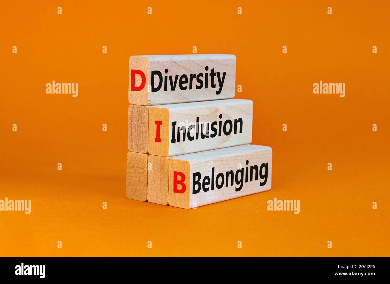 DIB, Diversity, Inklusion und dazugehörendes Symbol. Holzklötze mit den Worten DIB, Vielfalt, Inklusion und Zugehörigkeit auf schönem orangefarbenen Hintergrund. Busin Stockfoto