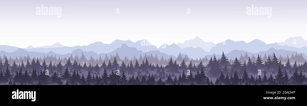 Vektor-Illustration von schönen Panoramablick blaue Berge im Nebel mit Kiefernwald. Stock Vektor