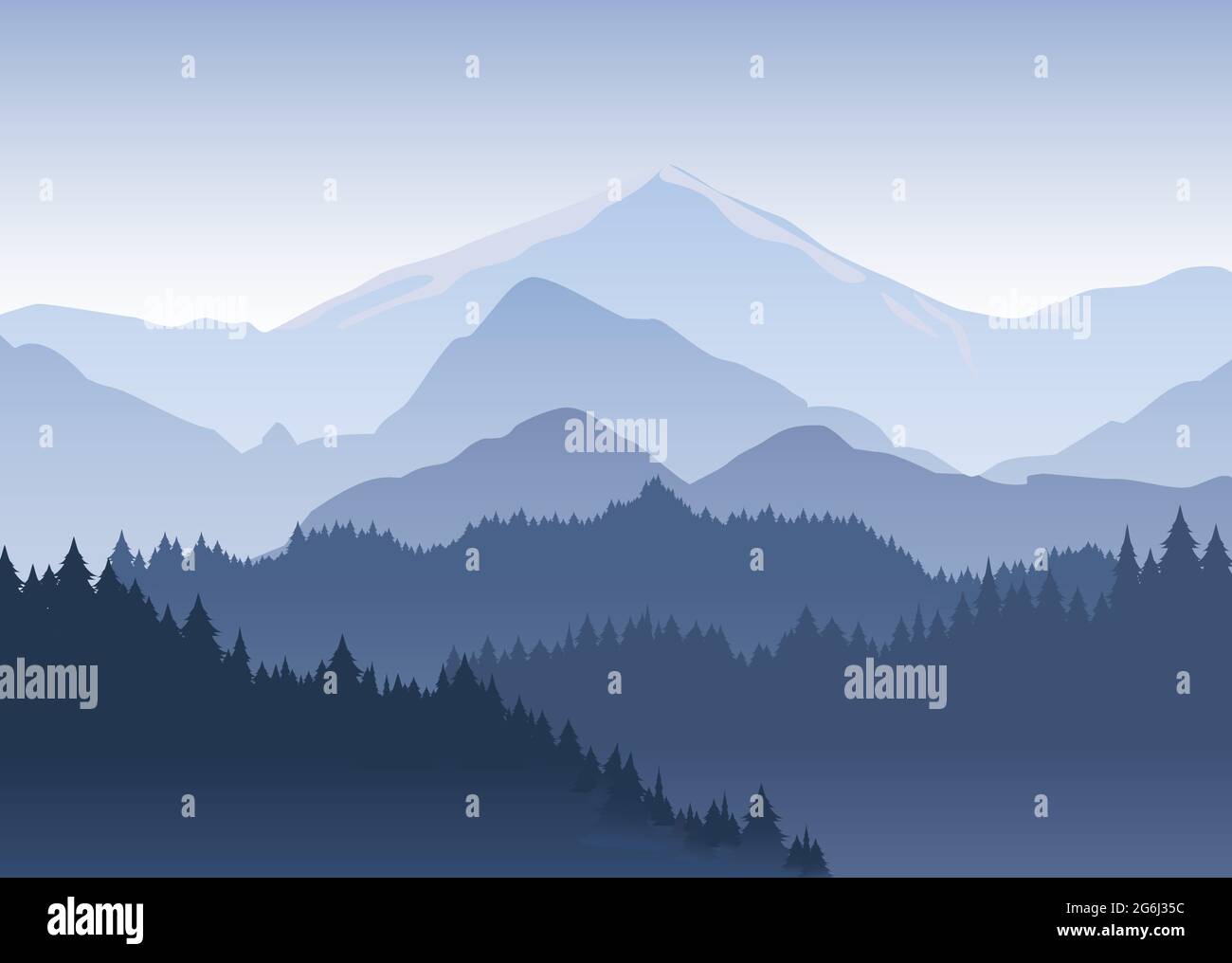 Vektordarstellung des Kiefernwaldes, der auf dem Hintergrund hellblauer Berge im dichten Nebel in die Ferne zurückgeht. Stock Vektor