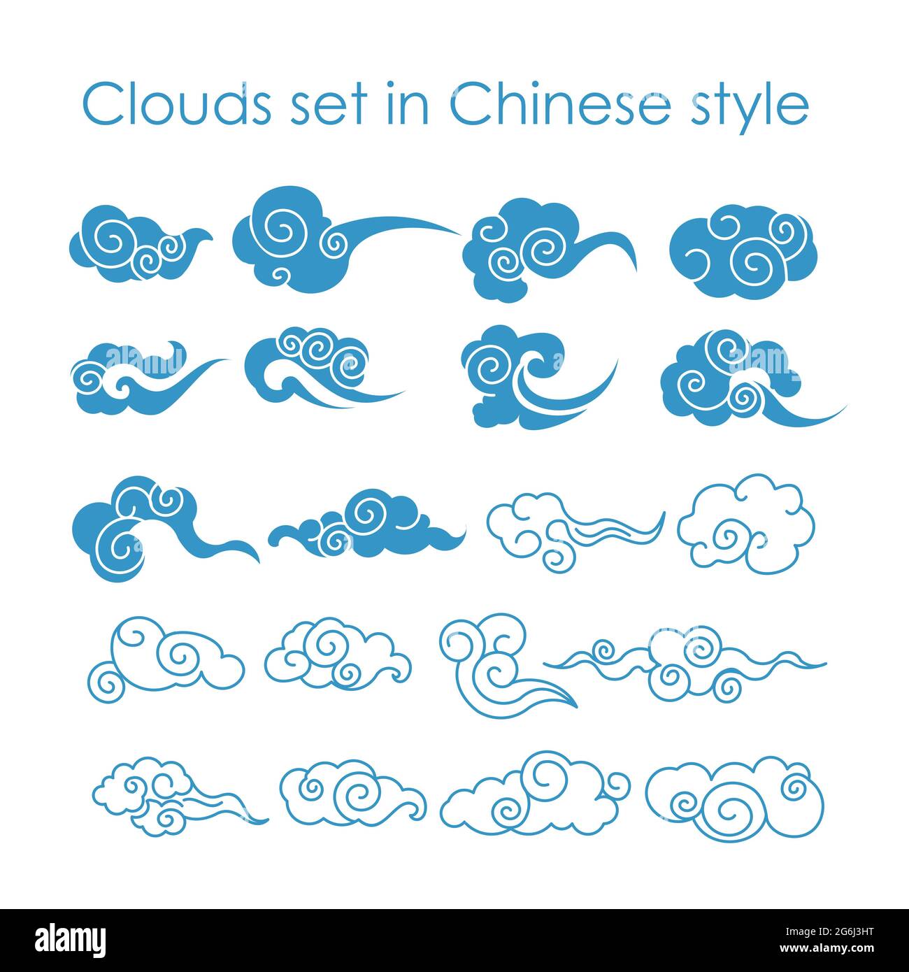 Vektor-Illustration Sammlung von blauen Wolken Ikonen im chinesischen Stil, flaches Design. Stock Vektor