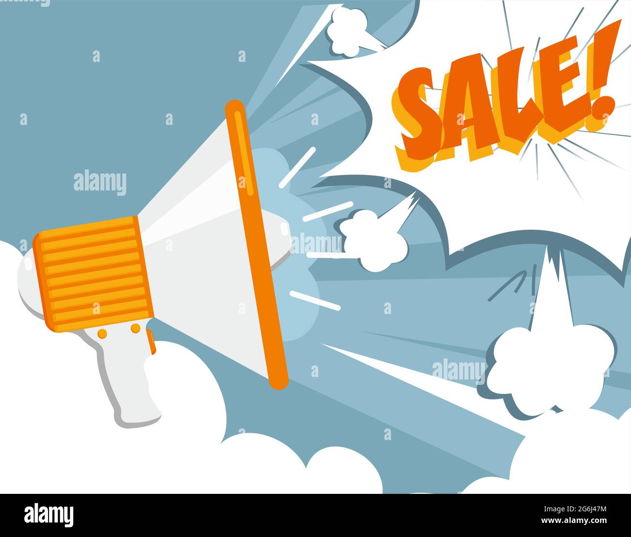 Vektorgrafik Pop Art Konzept mit Megaphon. Verkaufsschild. Stock Vektor