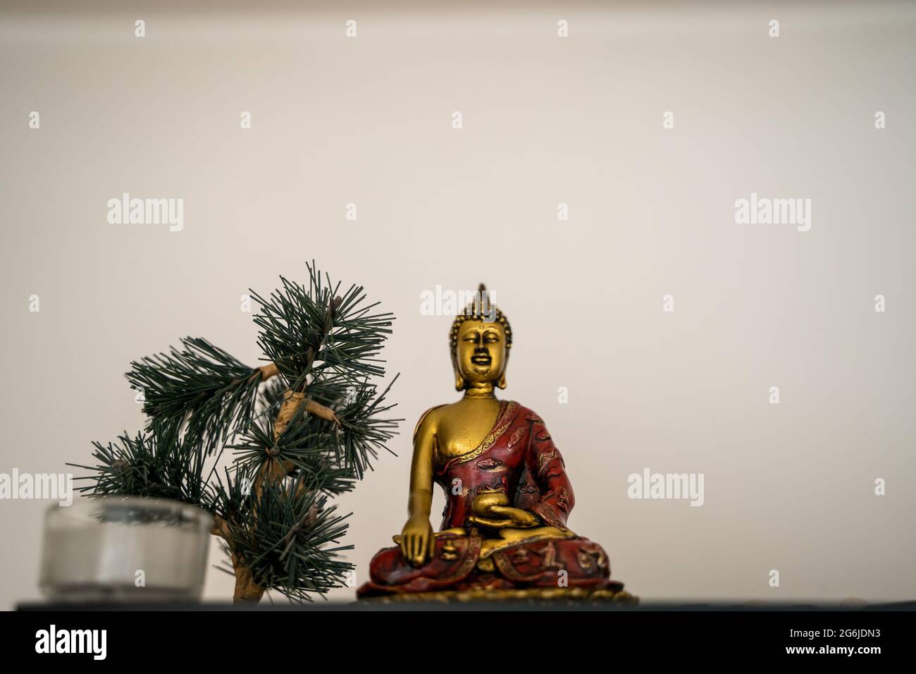 Glänzend sitzende Buddha-Statue mit Kalash übersetzt in Schale neben Pflanze isoliert auf weißem Hintergrund, kopieren Paste Raum. Stockfoto