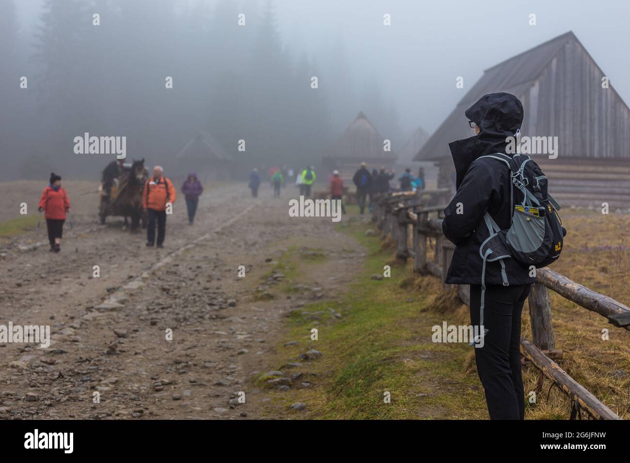 Chocholowska-Tal, Tatra-Gebirge, Polen - 09. April 2016: Menschen, die an einem nebligen Frühlingstag im Chocholowska-Tal spazieren. Eine Lichtung mit shepher Stockfoto