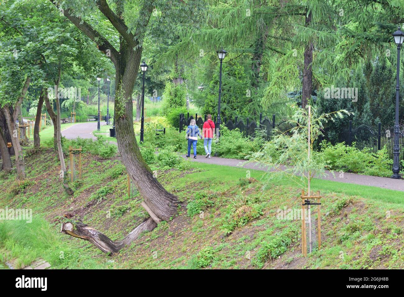 Verliebte Paare gehen an einem Sommertag im Park spazieren. Stockfoto