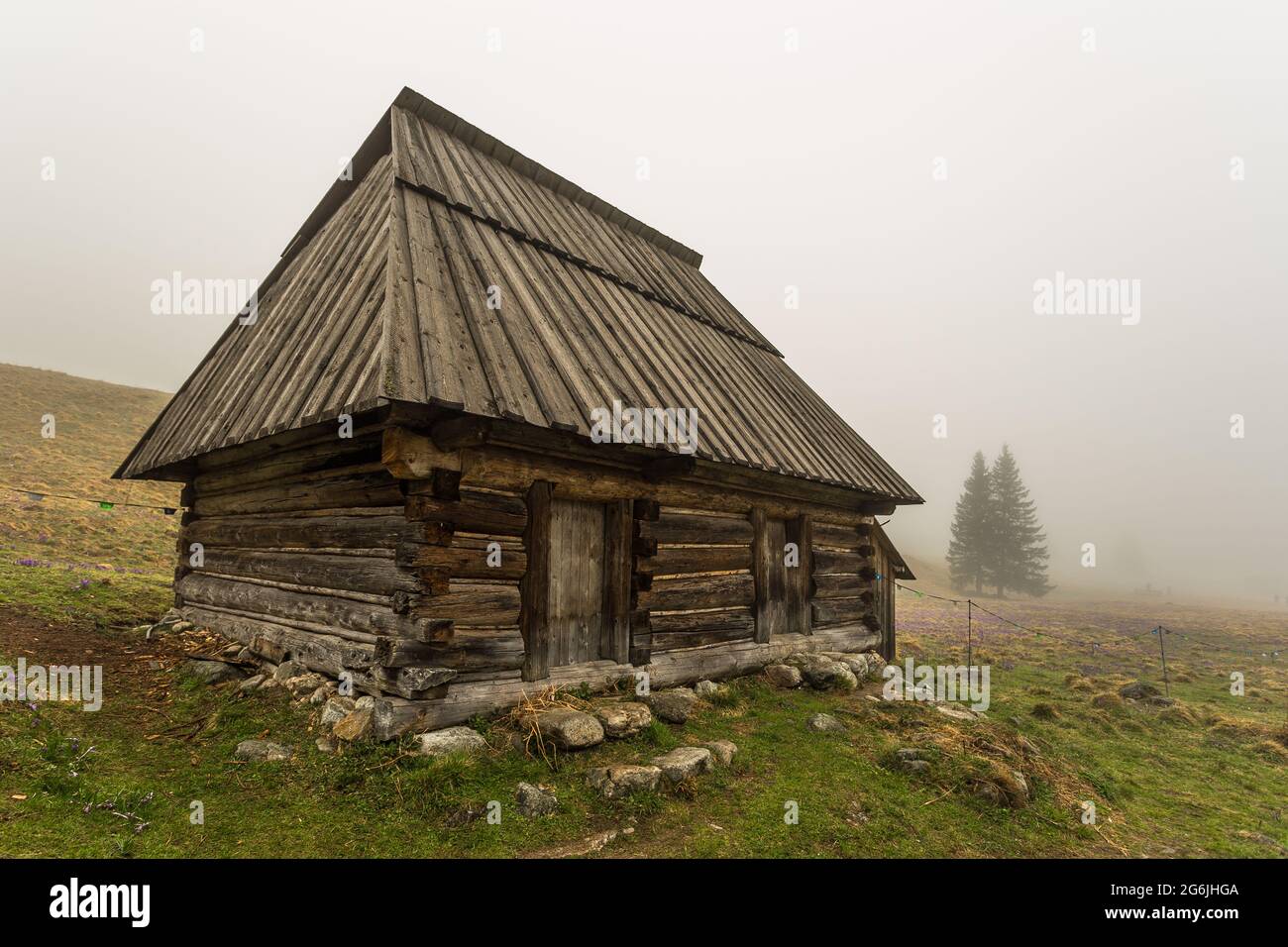 Chocholowska Tal an einem nebligen Frühlingstag. Eine Lichtung mit Schäferhütten und Hütten. Tatra, Polen. Stockfoto