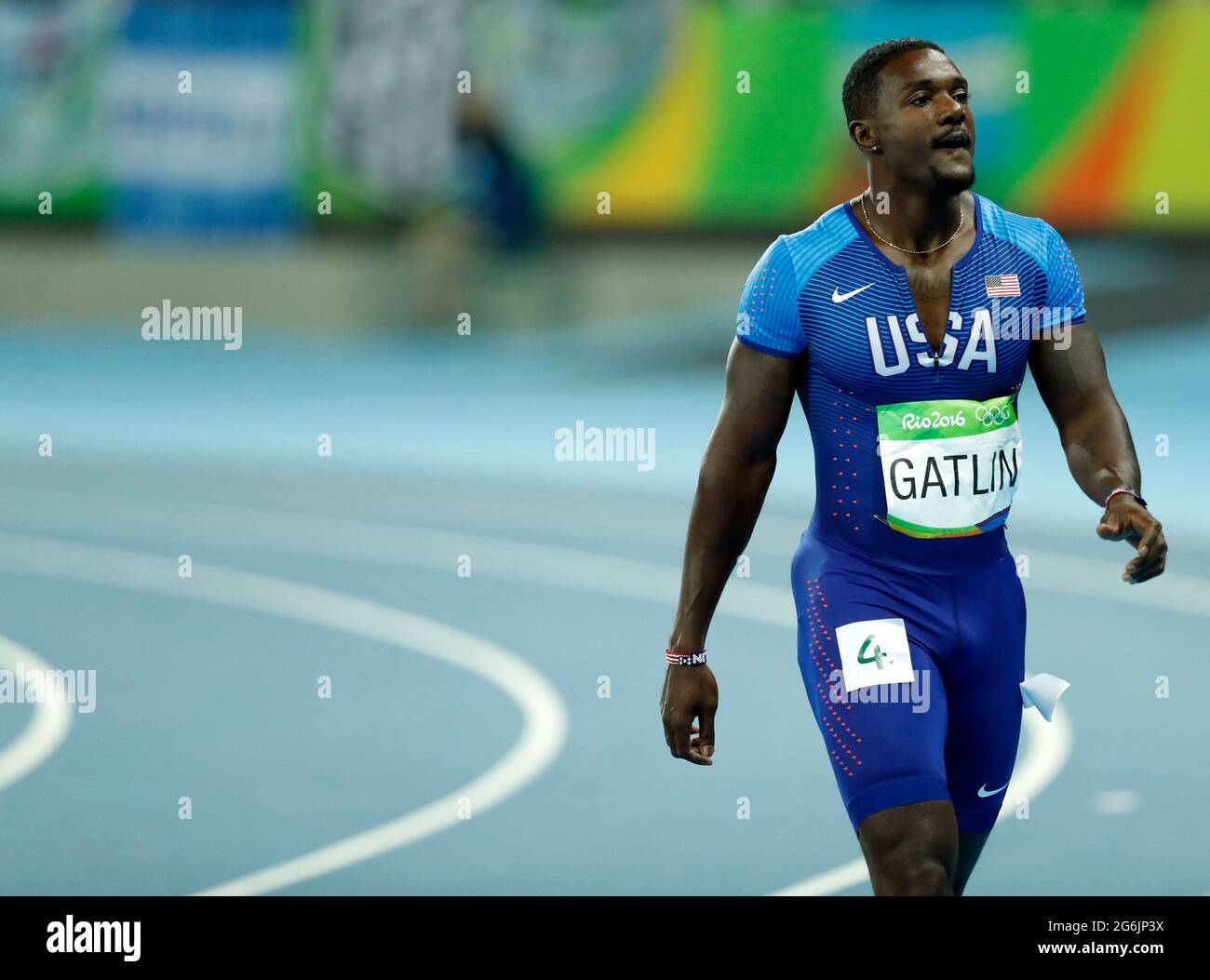 Justin Gatlin Sprinter bei den Olympischen Spielen 2016 in Rio. USA Team Athlet gewinnt Silbermedaille 100m Sprintrennen, Strecke und Feld Stockfoto