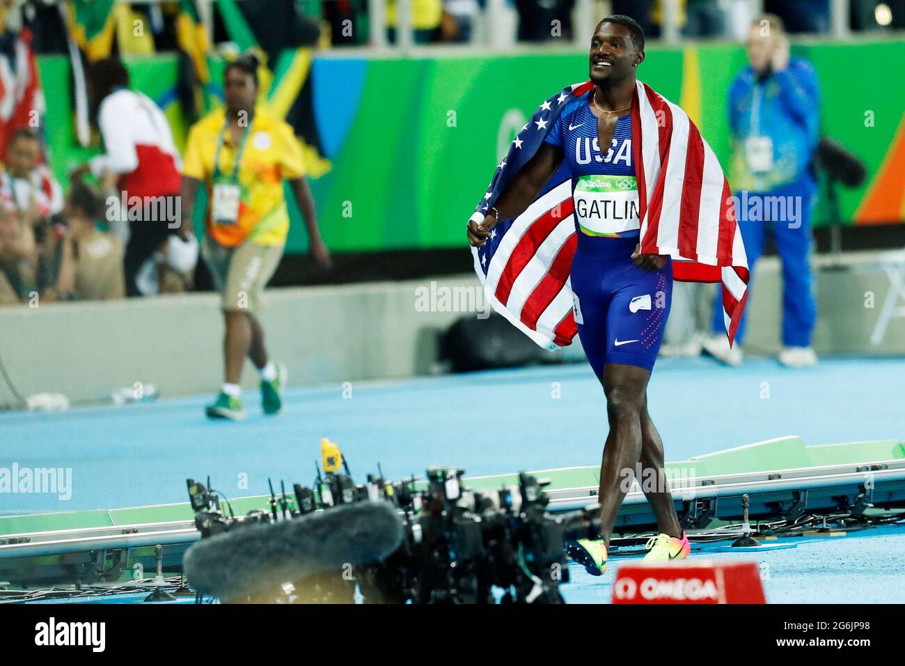 Justin Gatlin Sprinter bei den Olympischen Spielen 2016 in Rio. USA Team Athlet gewinnt Silbermedaille 100m Sprintrennen, Strecke und Feld Stockfoto
