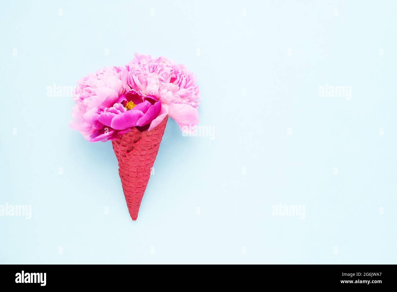 Pinke Pfingstrosen-Blüten in einem roten Waffel-Eiscreme-Kegel auf hellblauem Hintergrund. Muttertag, Valentinstag, Bachelorette, Sommerkonzept. Platz kopieren, t Stockfoto