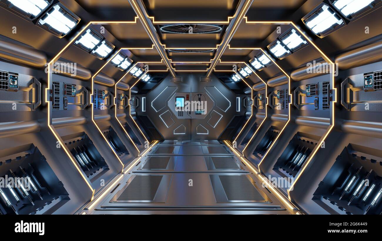 Science Background Fiction Innenrendering Sci-Fi Raumschiff Korridore gelbes Licht, 3D-Rendering Stockfoto
