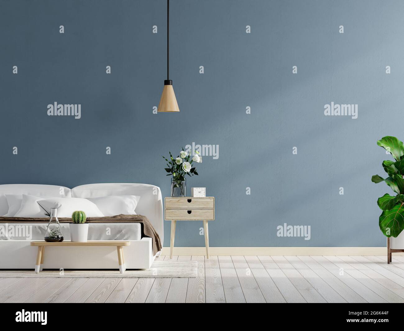 Dunkelblaue Wand im Schlafzimmer-Innenhintergrund, 3d-Rendering Stockfoto