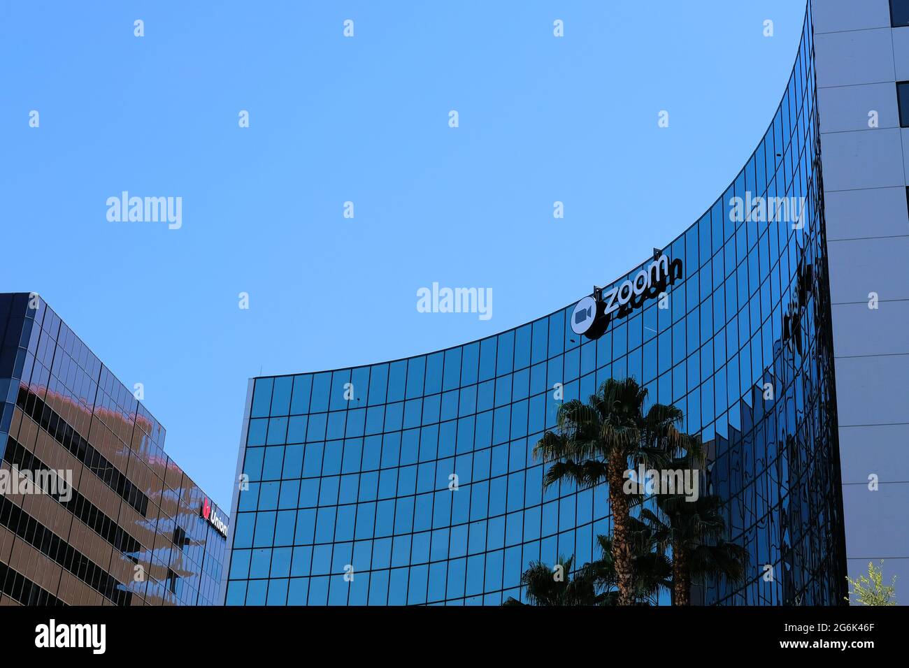 Zoom Video Communications, Inc., Hauptsitz in San Jose, Kalifornien; Anbieter von Kommunikationstechnologie, Videotelefonie und Online-Chat-Diensten. Stockfoto