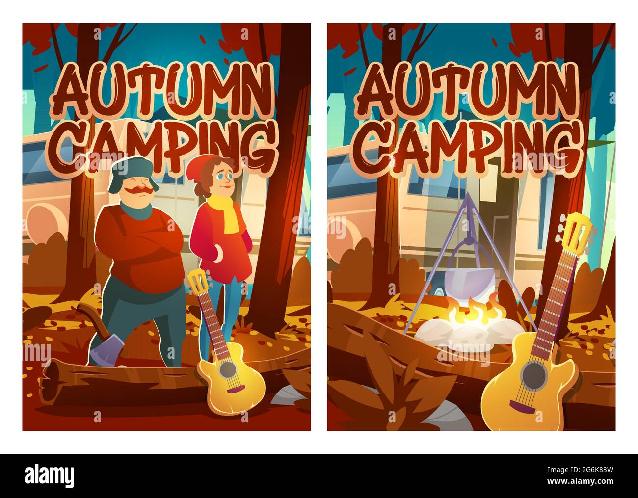 Autumn Camping Cartoon Poster, Mann und Frau Touristen mit rv Wohnwagen, Lagerfeuer und Gitarre in Herbst Wald Camp Landschaft. Touristische Familienurlaub, Wandern oder Reisen Aktivität, Vektor-Illustration Stock Vektor