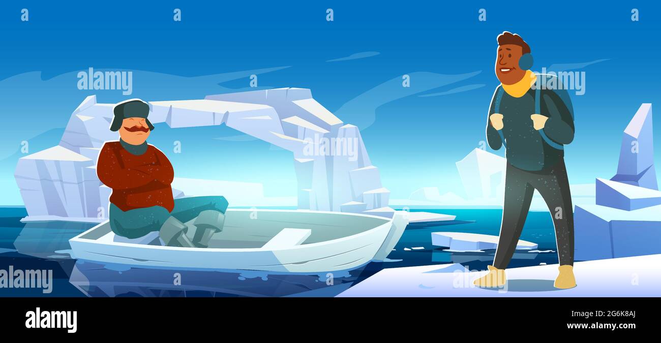 Arktische Landschaft mit schmelzendem Eisberg, Boot und Menschen auf Gletschern, die im Meer schwimmen. Konzept der wissenschaftlichen Expedition oder Reise. Vektor-Cartoon-Illustration von Männern auf polarem oder antarktischem Eis im Ozean Stock Vektor