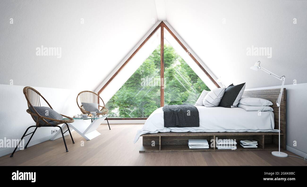 Modernes Schlafzimmer im Dachgeschoss. 3d-Illustration Design Konzept Stockfoto