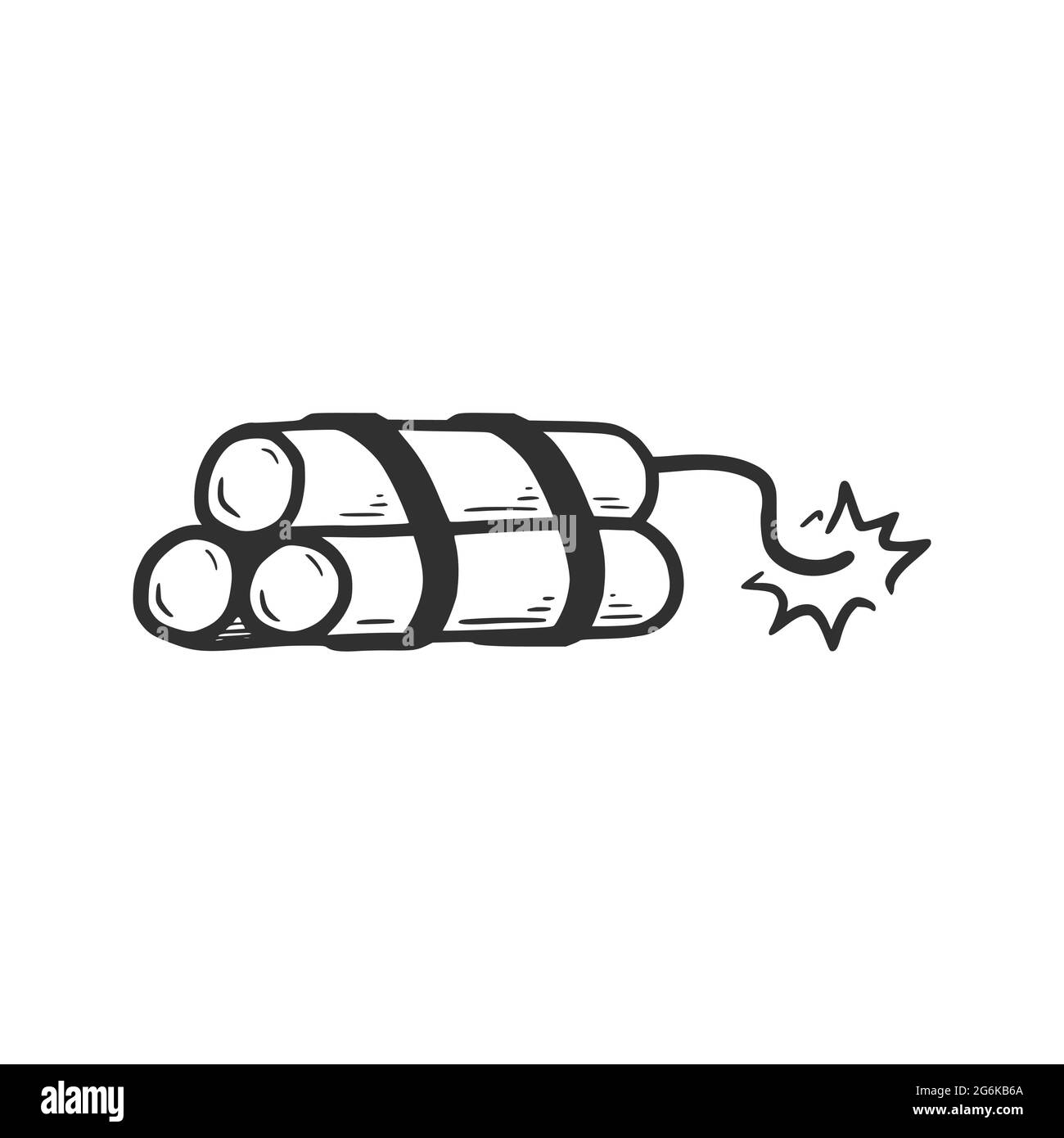 Handgezeichneter Dynamit mit Feuerelement. Comic-Doodle-Skizze. Dynamit für Explosionskonzept Icon. Vektorgrafik. Stock Vektor