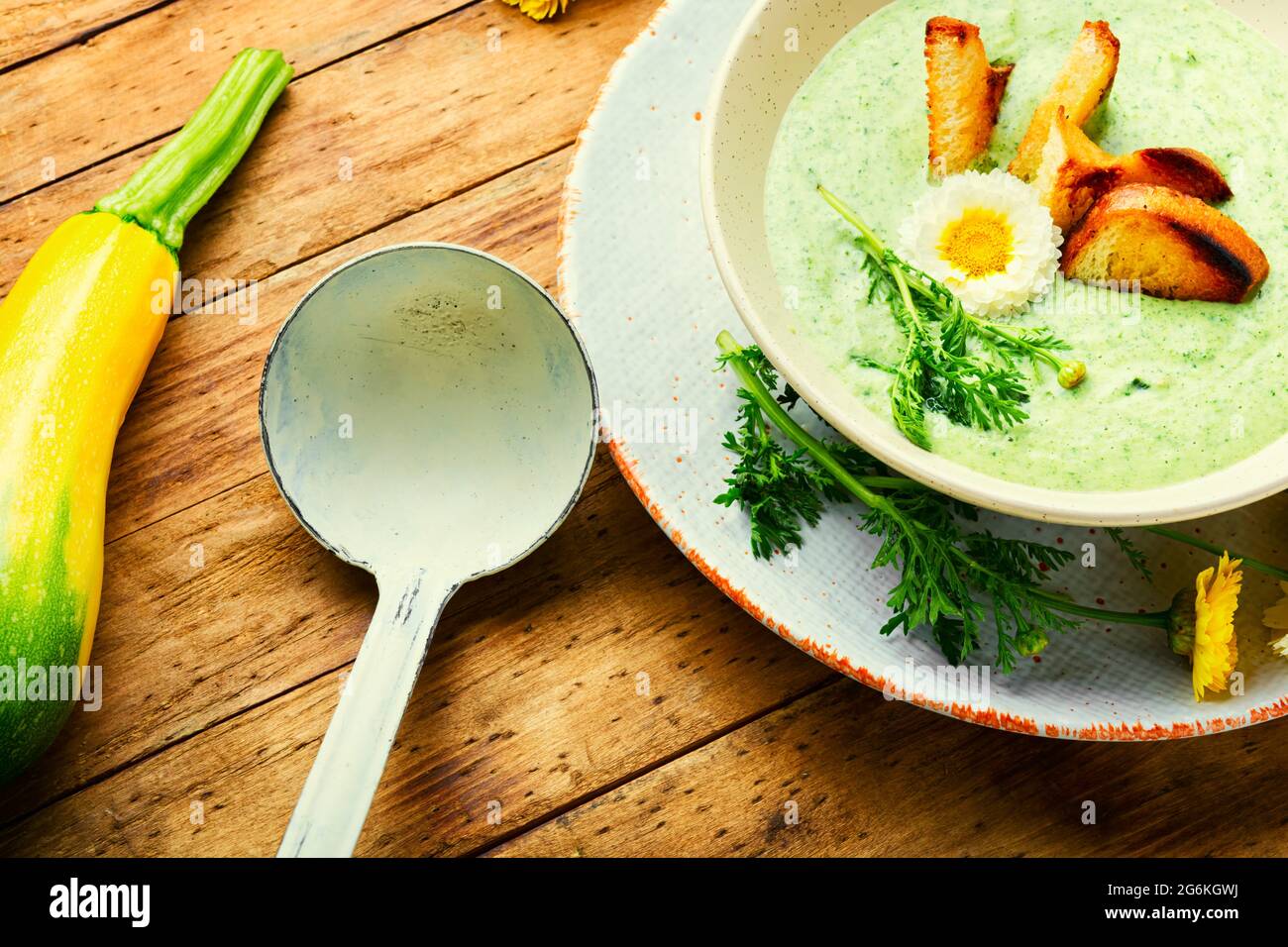 Püree-Suppe, diätetische Zucchini- und Kräutersuppe, garniert mit Croutons.Sommersuppe Stockfoto