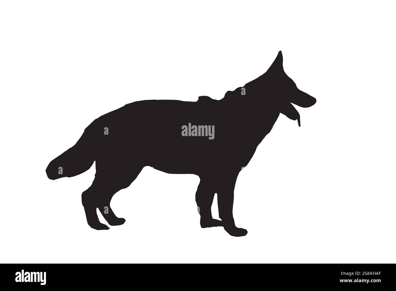 Schwarze Silhouette eines Schäferhundes vor weißem Hintergrund. Erwachsener Hund steht mit offenem Mund und Zunge hängt heraus. Seitenansicht. Vektor illustrr Stock Vektor