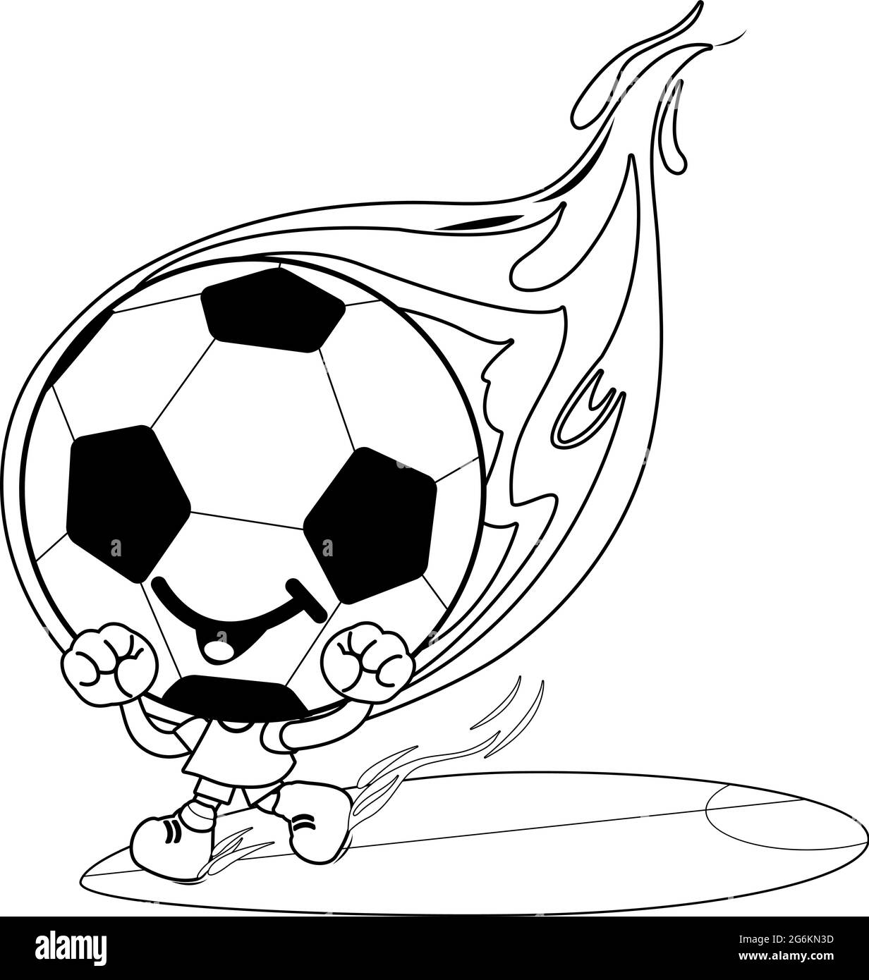 Cartoon Fußballfigur auf Feuer. Vektor schwarz-weiß Malseite Stock Vektor