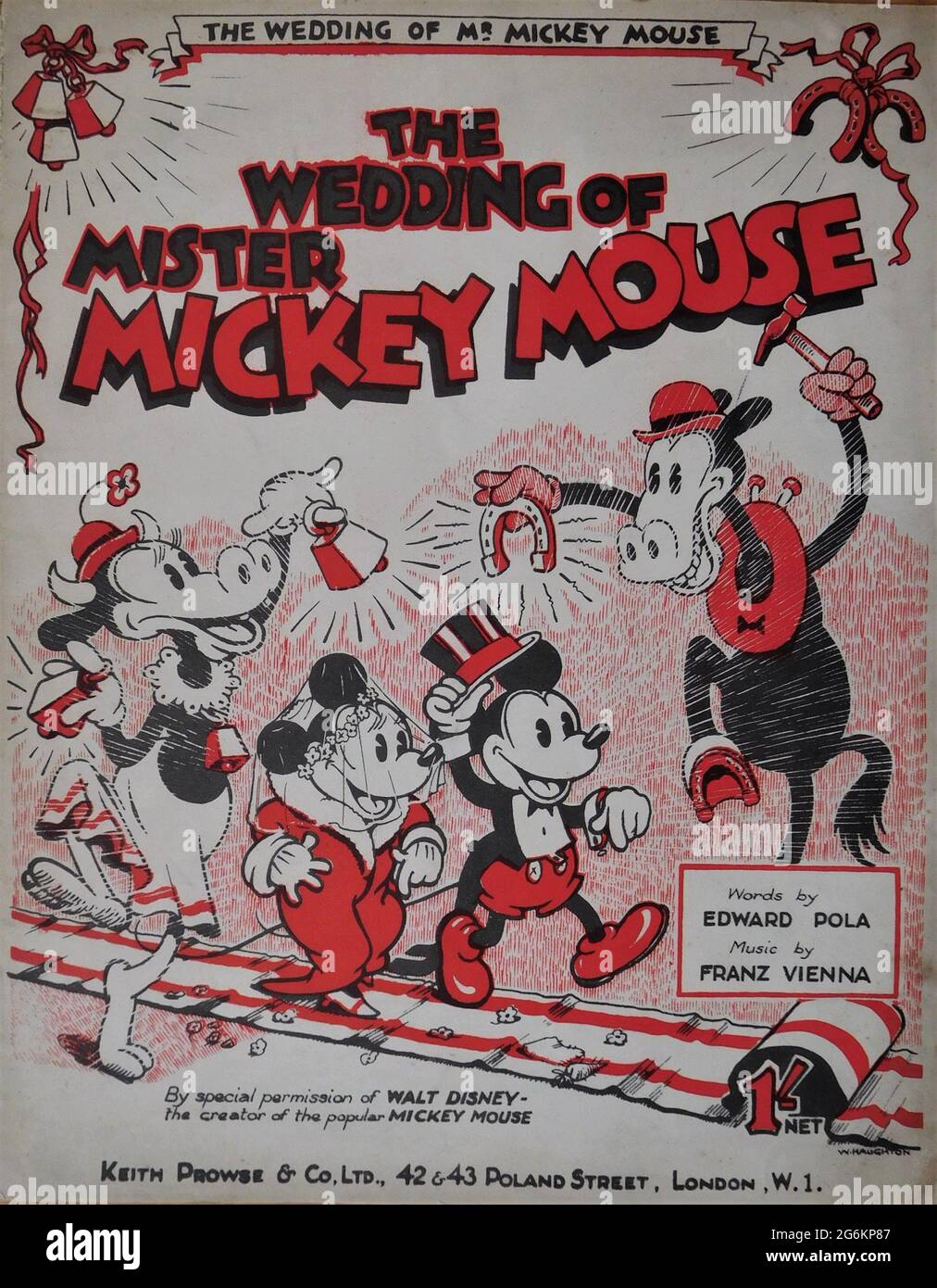 THE WEDDING OF MISTER MICKEY MOUSE 1933 Britische Notenblätter mit MINNIE MOUSE MICKEY MOUSE CLARABELLE COW und HORACE HORSECOLLAR für ein neuestes Lied mit Worten von Edward Pola und Musik von Franz Vienna Artwork von W. Haughton mit besonderer Genehmigung von WALT DISNEY, herausgegeben von Keith Prowse and Co. Ltd Stockfoto