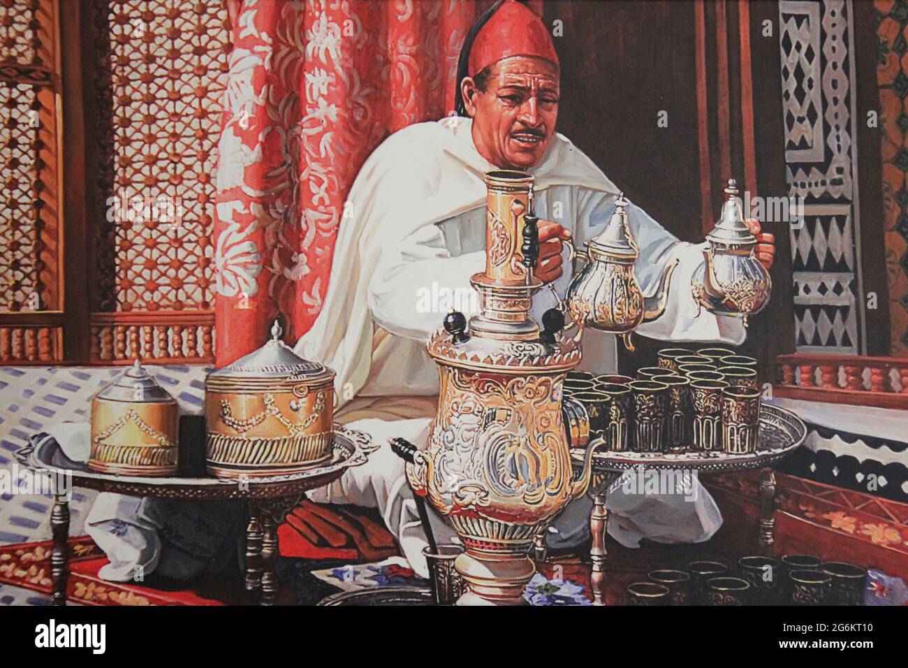 Marokkanische Gemälde Der Traditionell Gekleideten Mann Teezeremonie Stockfoto