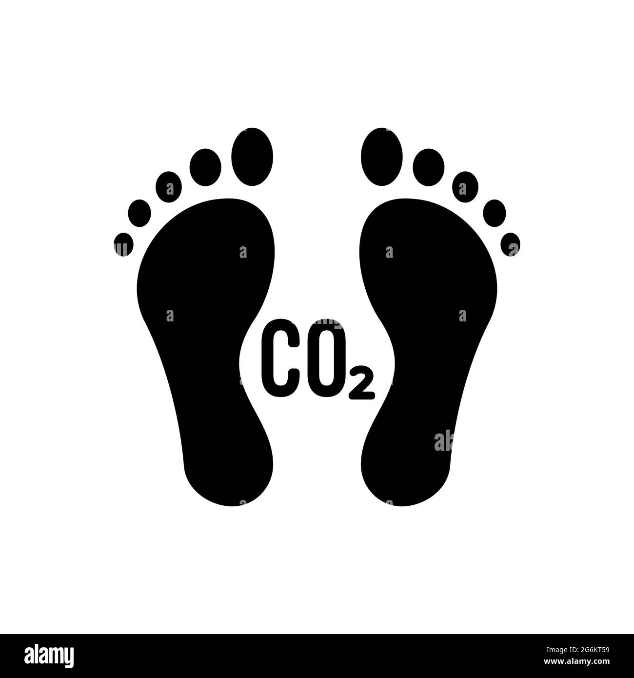 Symbol „CO2-Bilanz“. Schwarze Fußabdrücke mit CO2-Text. Zwei menschliche Füße. Verschmutzung durch giftige Gase, Konzept der globalen Erwärmung. Umweltschäden. Vektor Stock Vektor