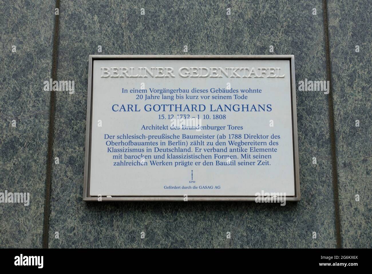 Gedenktafel von Carl Gotthard Langhans, Berlin Stockfoto