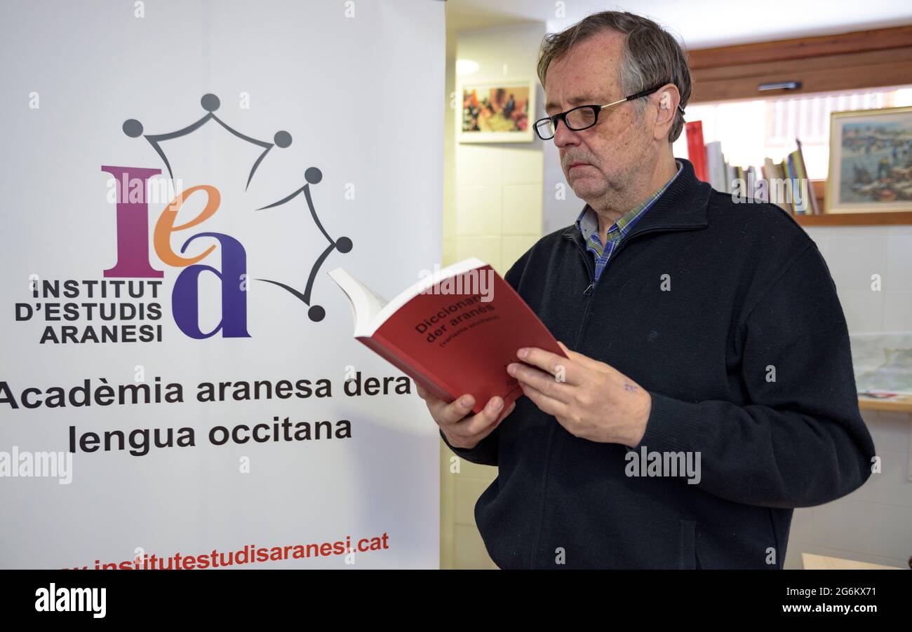 Jusèp Loís Sans Socasau, Präsidentin der Acadèmia Aranesa dera lengua occitana (ehemaliges Institut d'Estudis Aranesi) beim Lesen eines Buches in Aranese (Vielha) Stockfoto