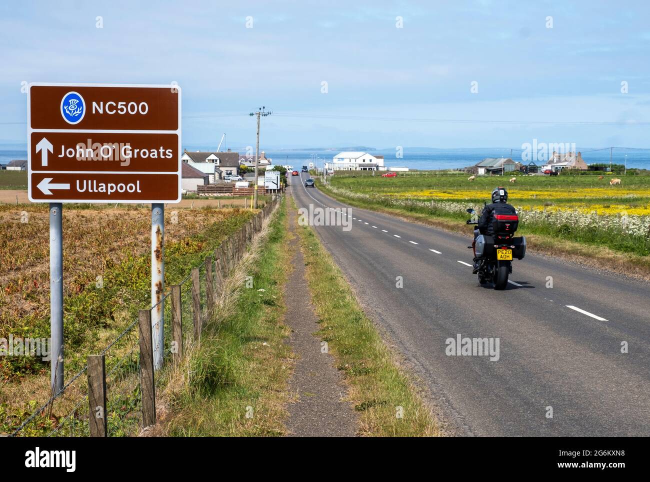 Straßenschild an der Touristenroute North Coast 500, John 'O Groats, Caithness, Schottland. Stockfoto