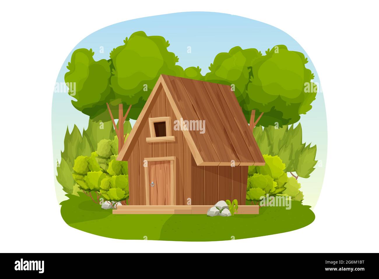 Waldhütte, Holzhaus oder Hütte mit Bäumen, Gras und Busch im Cartoon-Stil auf weißem Hintergrund isoliert dekoriert. Hütte, Landhaus mit Dach, Fenster und Tür. . Vektorgrafik Stock Vektor