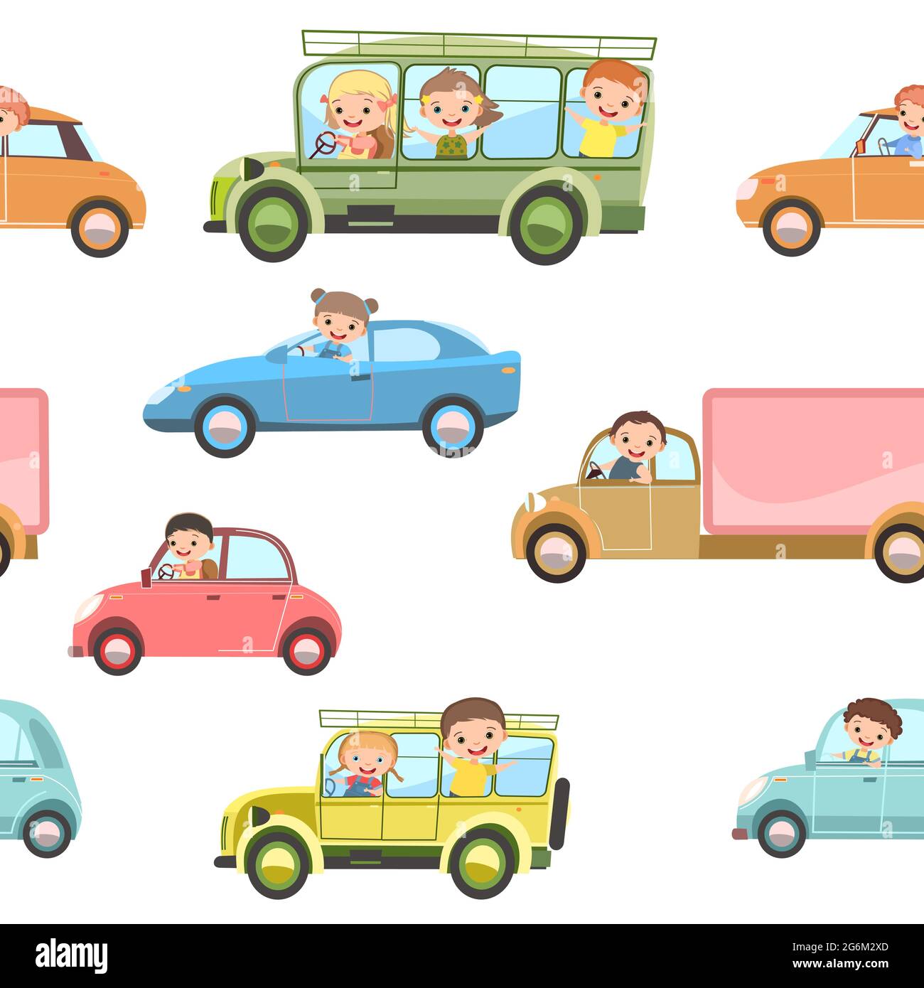 Kinder fahren Autos und Busse. Nahtloses Cartoon-Muster. Kinderfahrer. Kinder Hintergrund isoliert. Verschiedene Automobile. Spielzeug Fahrzeug, Motor und Stock Vektor