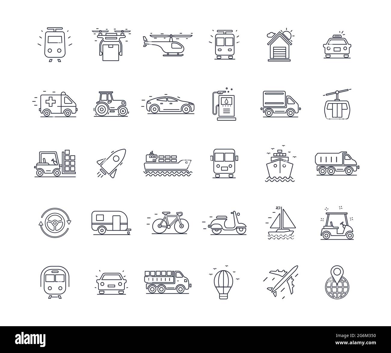 Symbole für Transportsets. Schwarz und Weiß mit Linien. Isoliert auf weißem Hintergrund. Kann für mobile Konzepte und Web-Anwendungen, Broschüren, Social verwendet werden Stock Vektor
