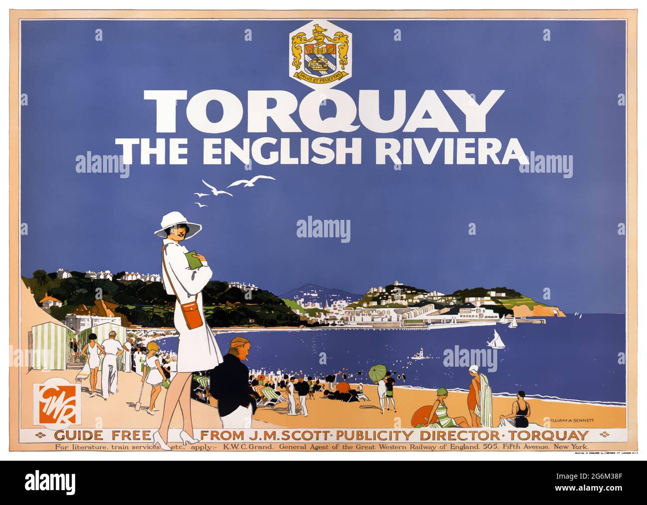 Torquay. The English Riviera von William A. Sennet (Daten unbekannt). Restauriertes Vintage-Poster, das in den 1920er Jahren in Großbritannien veröffentlicht wurde. Stockfoto
