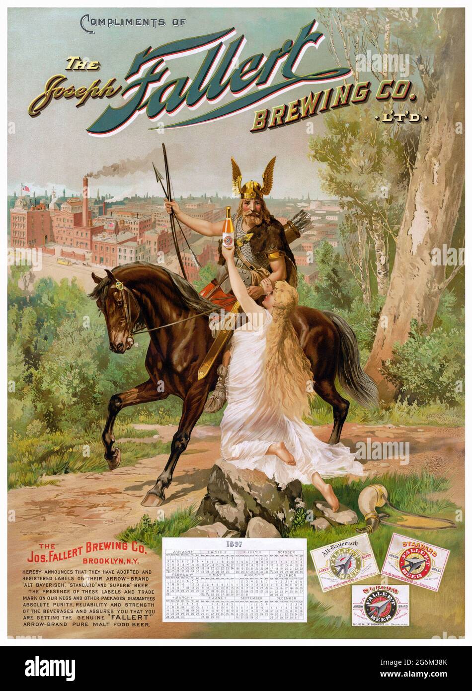 Komplimente der Joseph Fallert Brewing Co. Ltd. Künstler unbekannt. Restauriertes Vintage-Poster, das 1897 in den USA veröffentlicht wurde. Stockfoto