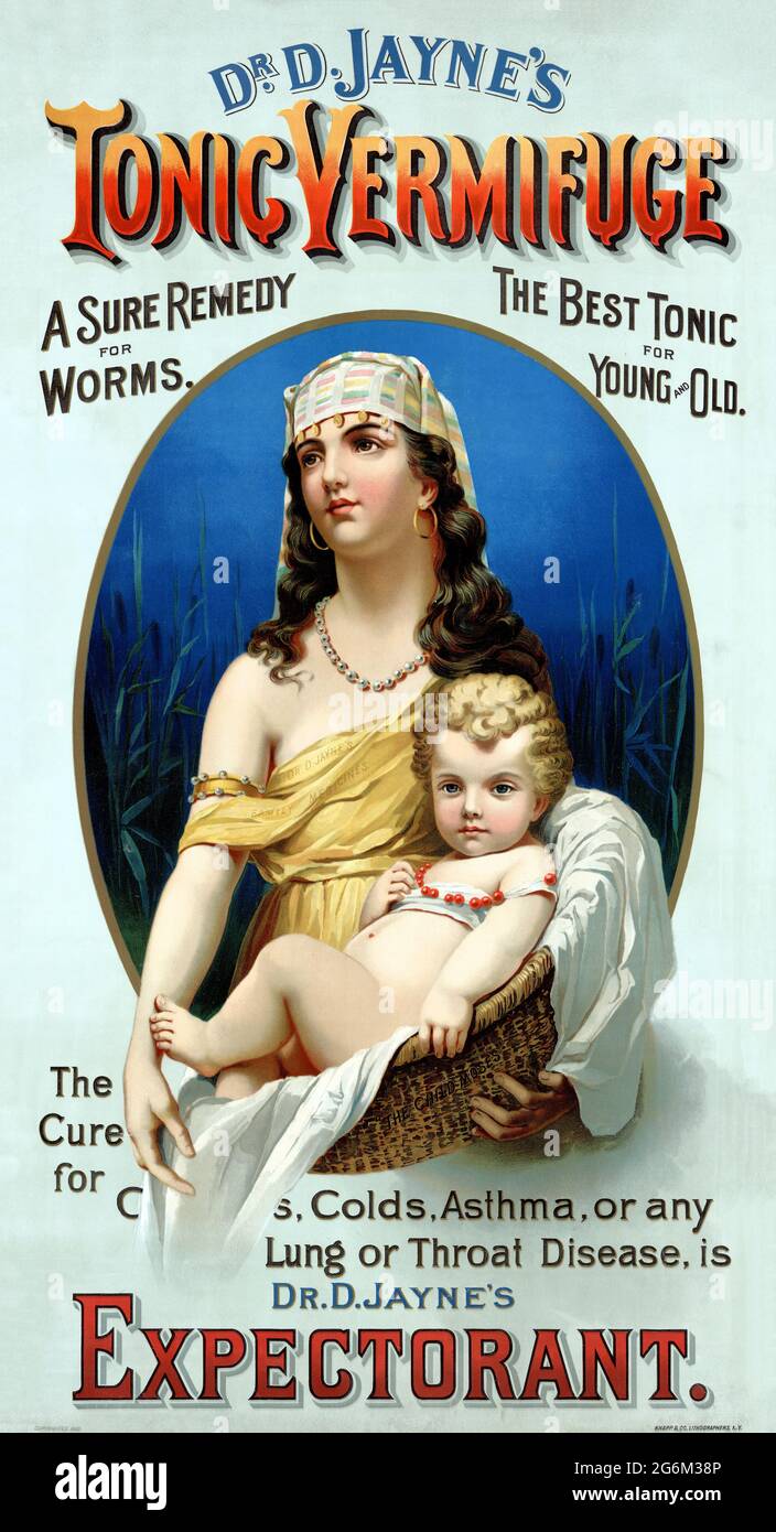 Dr. D. Jayne's Tonic Vermifuge. Ein sicheres Heilmittel für Würmer. Künstler unbekannt. Restauriertes Vintage-Poster, das 1889 in den USA veröffentlicht wurde. Stockfoto