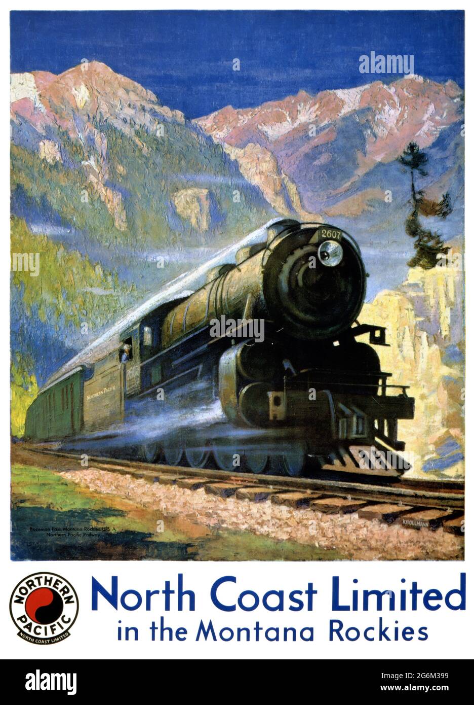 North Coast Limited in den Montana Rockies von Gustav Wilhelm Krollmann (1888-1962). Restauriertes Vintage-Poster, das 1929 in den USA veröffentlicht wurde. Stockfoto