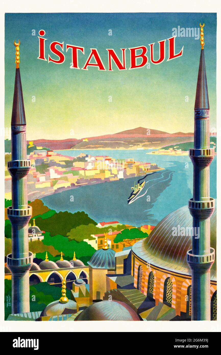 Istanbul von Tarık Uzmen. Restauriertes Vintage-Poster, das 1939 in der Türkei veröffentlicht wurde. Stockfoto