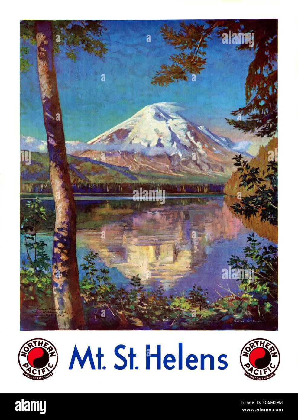 Mt. St. Helens. Nordpazifik. North Coast Limited von Gustav Wilhelm Krollmann (1888-1962). Restauriertes Vintage-Poster, das 1935 in den USA veröffentlicht wurde. Stockfoto