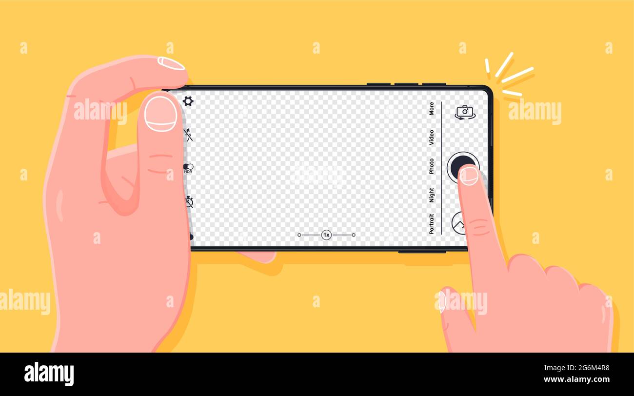 Fotografieren mit dem Smartphone. Person, die mit einer Smartphone-Kamera aus der Perspektive der ersten Person fotografiert. Drücken der Kamerataste, Transparentfolie Stock Vektor