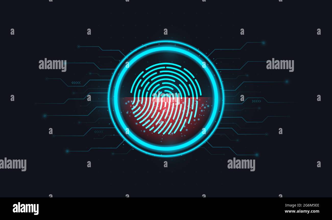 Scannen von Fingerabdrücken. Abstrakte digitale Konzepttechnologie. Melden Sie sich mit der Fingerabdruckerkennung an, und drucken Sie einen Ausdruck innerhalb eines Kreises auf einem elektronischen oder Stock Vektor
