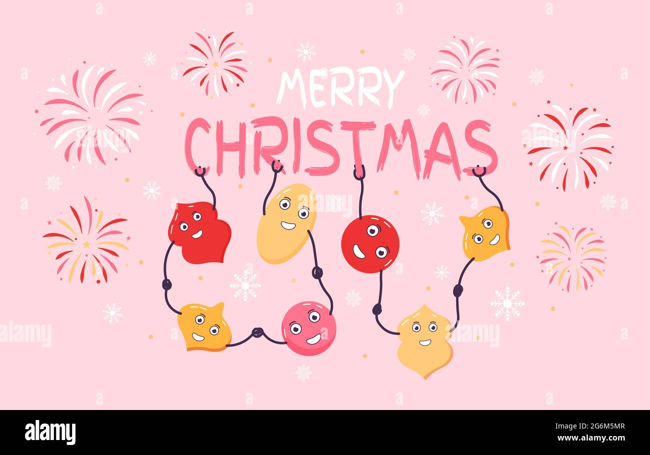 Fröhliche Weihnachtskugeln halten die Inschrift Frohe Weihnachten. Vor dem Hintergrund von Schneeflocken und Feuerwerk. Weihnachtsszene mit Weihnachten BA Stock Vektor